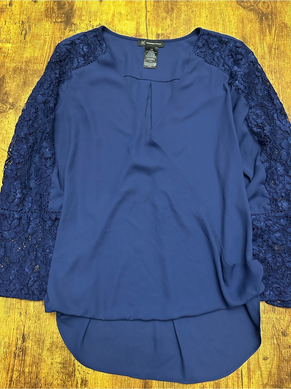 INC International Concepts Royal Navy Lace Sleeve Blouse